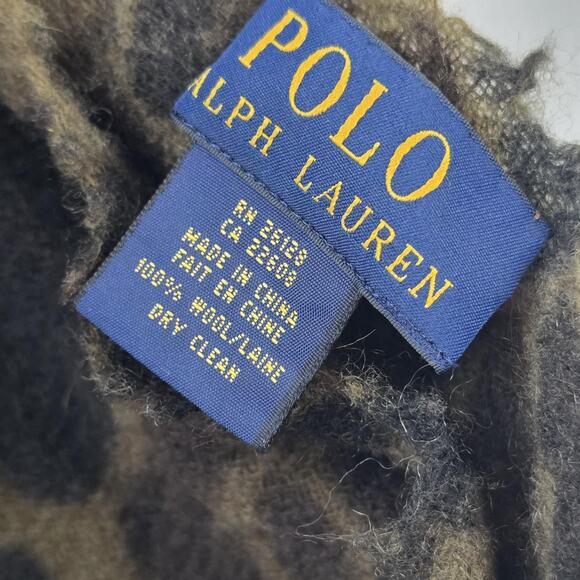Polo Ralph Lauren Wool Scarf Mens Leopard Print Brown Black Fringe Warm Soft - Picture 3 of 9